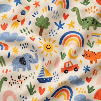 Square of fabric with a children’s print: dinosaur, rocket, rainbow, elephant